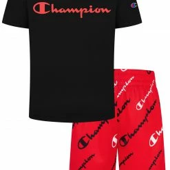Wholesale 👍 Champion Boys' Classic Script Short Sleeve Set For Boys' Black/scarlet 🌟