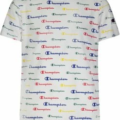 Best Sale 🔔 Champion Boys' AOP Multi-Color Script Short Sleeve T-Shirt For Boys' White 👍