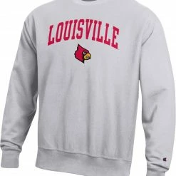 Wholesale ⭐ Champion Men's Louisville Cardinals Grey Reverse Weave Crew Sweatshirt For Men ❤️