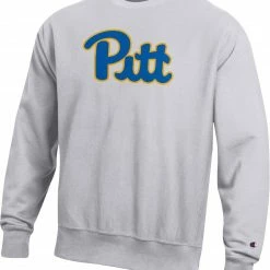 Wholesale ⌛ Champion Men's Pitt Panthers Grey Reverse Weave Crew Sweatshirt For Men 🤩