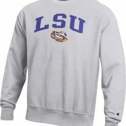 Cheap ⭐ Champion Men's LSU Tigers Grey Reverse Weave Crew Sweatshirt For Men 🔥