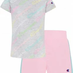 Deals 🌟 Champion 👧 Girls' All Over Print T-Shirt And Woven Shorts Set For 👧 Girls' White/arube Blue 🔥