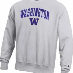 Outlet 🛒 Champion Men's Washington Huskies Grey Reverse Weave Crew Sweatshirt For Men ⭐