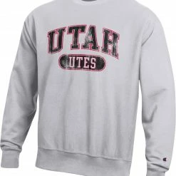 Outlet ⌛ Champion Men's Utah Utes Grey Reverse Weave Crew Pullover Sweatshirt For Men 👏