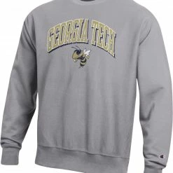 Wholesale 💯 Champion Men's Georgia Tech Yellow Jackets Grey Reverse Weave Crew Pullover Sweatshirt For Men ✨